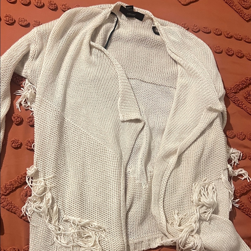 Forever 21 Cream Fringe Cardigan